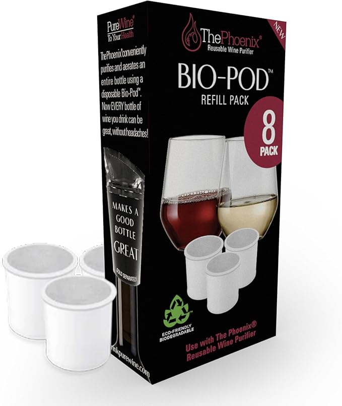 PureWine Bio-Pods for Wine Purifier & Aerator - Red & White Wine Filters for Histamines and Sulfites, Helps Allergies & Headaches, Sulfite Remover, Gift Accessories for Women & Men - 8 Refill Pack