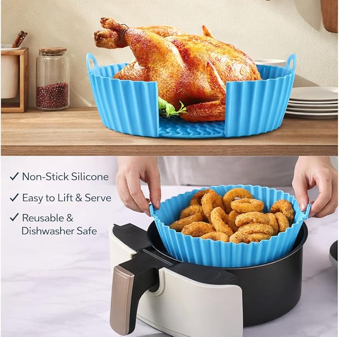 Silicone Air Fryer Liners by Lavang Creations – 4-Piece Reusable Air Fryer Accessory Set with 2 Liners (Round & Square), Tong & Brush, Fits Most 4–7 QT Air Fryers (Blue & Gray)