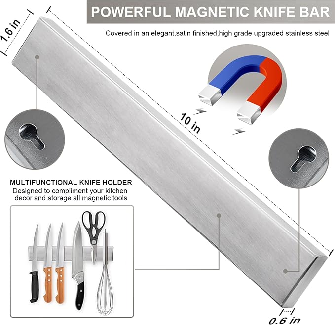 Ninonly 10 Inch Magnetic Knife Strip, Premium Stainless Steel Wall Mounted Kitchen Knives Bar,Space-Saving Powerful No Drilling Magnetic Knife Rack for Home Kitchen Utensil Holder & Tool Holder