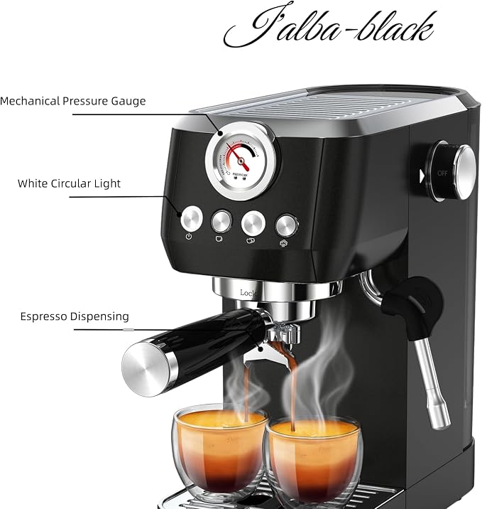 MAttinata Espresso Machine 20 Bar, Compact Espresso Maker with Milk Frother | Coffee Maker, Professional Pump, Steam for Cappuccino Latte, Barista Pressure Gauge, Small for Home, Stainless Steel, Black