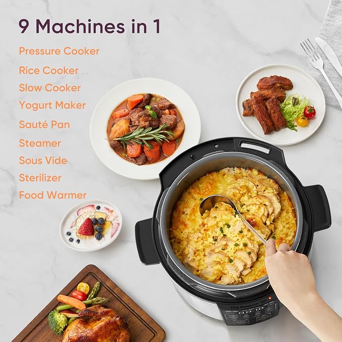 Cosori Pressure Cooker 6QT, Stainless Steel, 9-in-1 Multi Cooker, 12 Safety Features, Ceramic Coating Inner Pot, Rice, Slow Cook, Sous Vide, Saute, 1100W