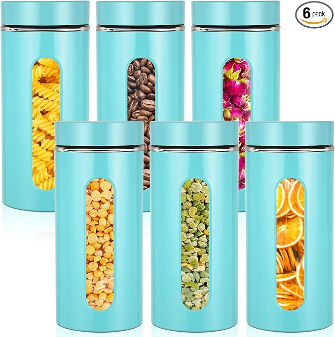 Patelai 6 Pack Kitchen Canisters Set Airtight Stainless Steel Canister Food Storage Container with Window Glass, Coffee Sugar Candy Jars Tea Organizer for Flour Cookies Spice(Turquoise,44 oz)