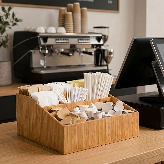 Restaurantware-11.75 x 5.5 Inch Coffee Condiment Organizer, 1 Square Creamer Organizer - 9 Compartments, Break-Resistant, Bamboo Coffee Accessory Caddy, Won't Chip, For Sugar Packets And Creamers