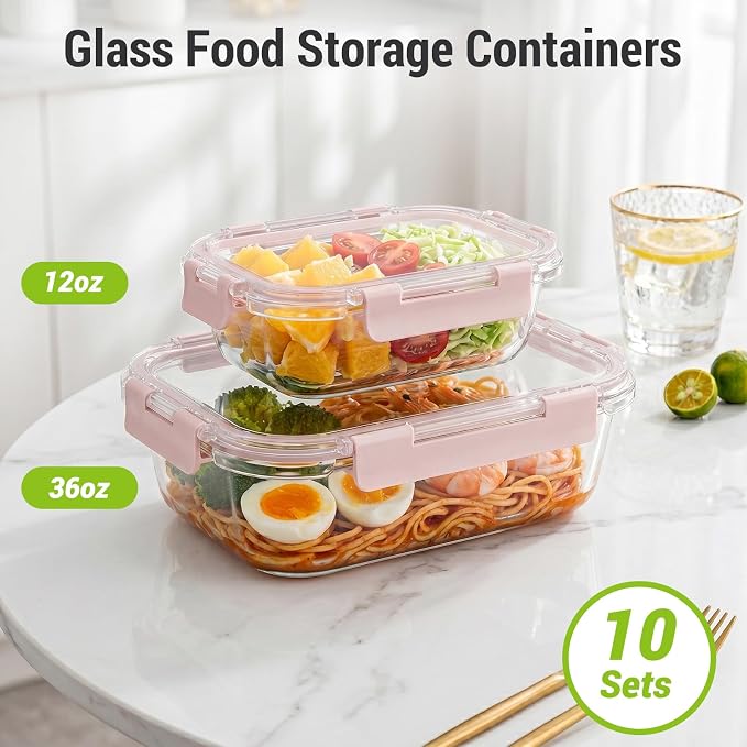 Dealusy 10 Sets (20-Piece) 36 oz & 12 oz Glass Food Storage Containers with lids, Airtight Leak-proof Glass Meal Prep Containers with Lids, Microwave Oven Freezer Dishwasher Safe, Pink