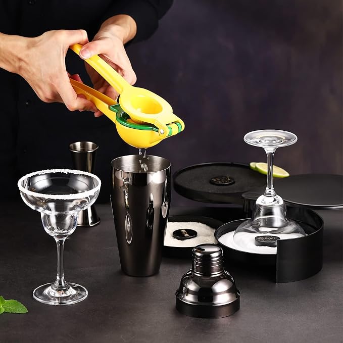 Margarita Kit - Set of 2 Margarita Glasses (8.5oz), 3-Tier Salt Rimmer, Stainless Cocktail Shaker & Jigger, Coasters，Cocktails Cards，Citrus Squeezer and More - Margarita Kit Gift Set