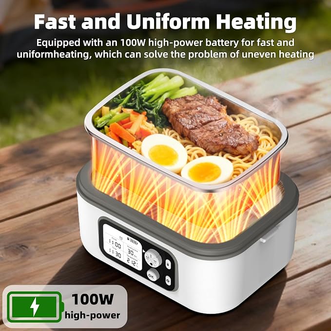 Cordless Electric Heated Lunch Box for Adults, XL 6.3-Cups Rechargeable Battery Powered Smart Self Heating Lunchbox for Men Women, 100W Food Warmer for Trucks Driver Travel Office Worker