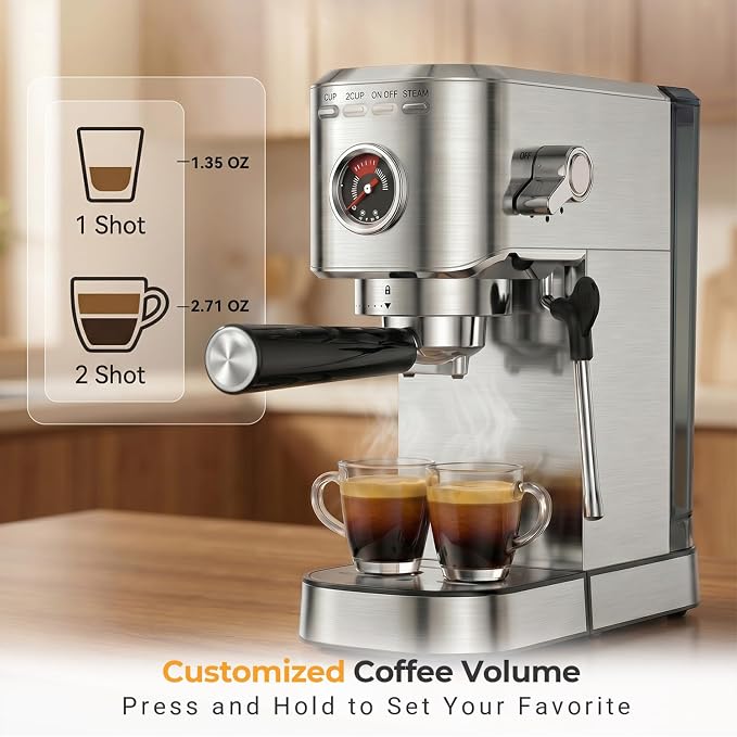 Oaomi Espresso Machine 20 Bar, Compact Expresso Coffee Machines with Milk Frother,Stainless Steel Espresso Maker with 39oz Removable Water Tank for Latte Cappuccino etc (Silver)