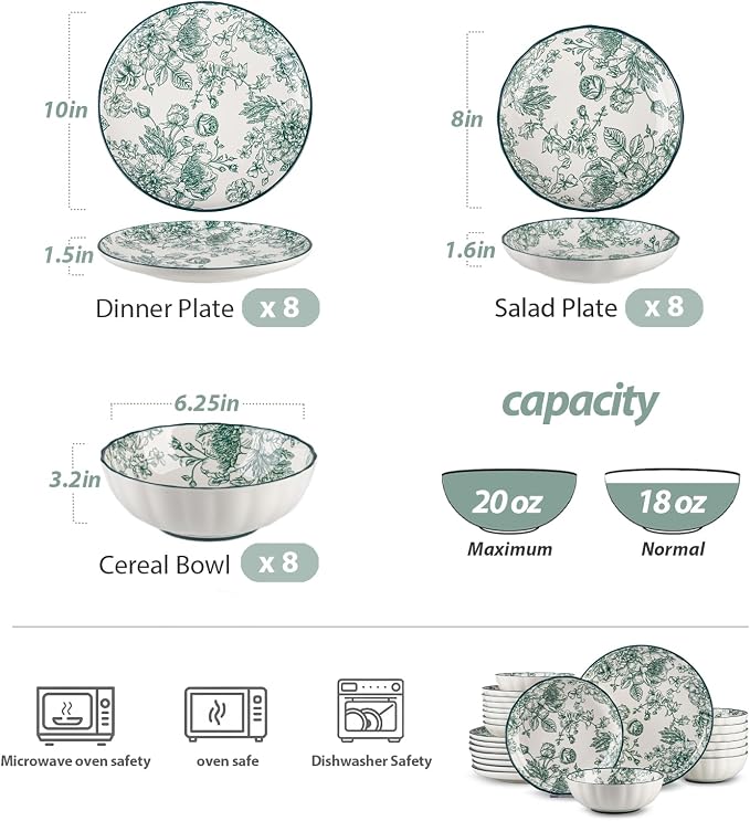 24-Piece Dinnerware Set Service 8, Porcelain Plates and Bowls Set, Vintage Green Rose Scalloped Edge, French Country Aesthetic, Microwave Dishwasher Safe