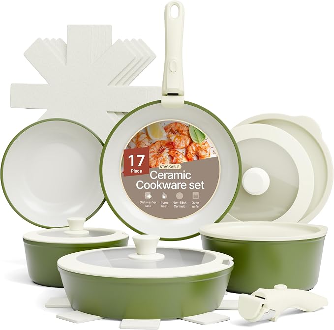 Bakken 17-Piece Ceramic Coated Aluminum Cookware Set, Nonstick Pots and Pans with Lids, Silicone Cooking Utensils & Oven Mitts, All Stovetop Safe Up To 500°F, PTFE & PFAS Free, Dishwasher Safe