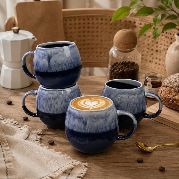 Coffee Mugs Set of 4 | 16 oz Ceramic Coffee Mugs | Lead-Free | Comfortable Handle | Microwave and Dishwasher Safe | Stoneware Latte Cups for Tea & Cappuccino| Unique Father's Day & Holiday Gifts