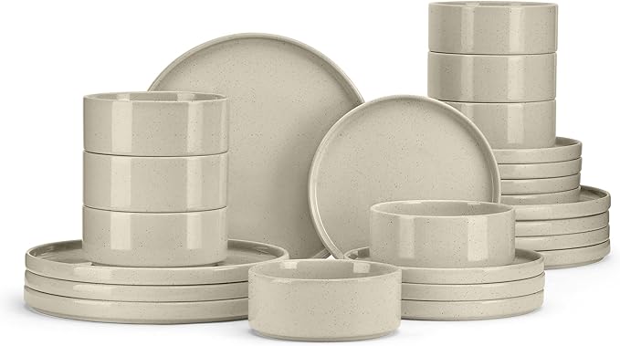 E-far Dinnerware Sets for 8, 24-Piece Stoneware Plates and Bowls Dish Set, Modern Kitchen Dinning Dishware, Chip and Scratch Resistant, Microwave & Dishwasher Safe, Speckled Khaki