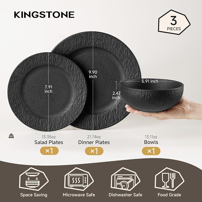 KINGSTONE Dinnerware Sets, 3-Piece Premium Porcelain dishes set, Matte Marble Pattern Plates and Bowls Sets for 1, Place Setting with Dinner Plate, Salad Plate, Pasta Bowl (Black)