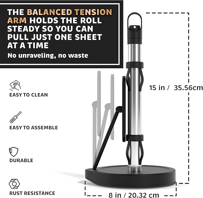Stainless Steel Paper Towel Holder with Tension Arm and Spray Pump – One-Handed Tear, Smart Traction System, Heavy Duty Suction Cups, Weighted Base, Kitchen Towel Dispenser for Countertop Use (Black)
