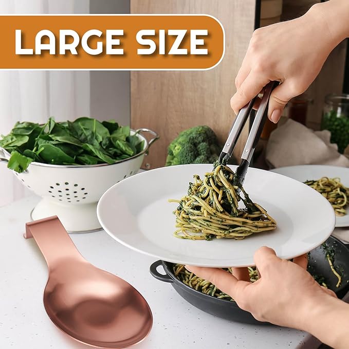 Nuanchu 6 Pcs Stainless Steel Spoon Rest Spatula Ladle Holder Spoon for Stove Top Heavy Duty Spatula Holder for Countertop Dishwasher Safe Utensil Rest for Kitchen, 3.8 x 9.6" (Rose Gold)