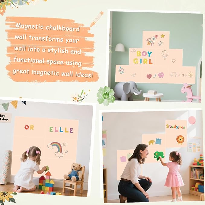Magnetic Chalkboard Wall Decal Milk Tea Set of 6 Peel and Stick Magnet Sheets with Chalk Tangram Puzzle and Multiple Accessories Magnetic Chalk Board for Home Playroom and Classroom