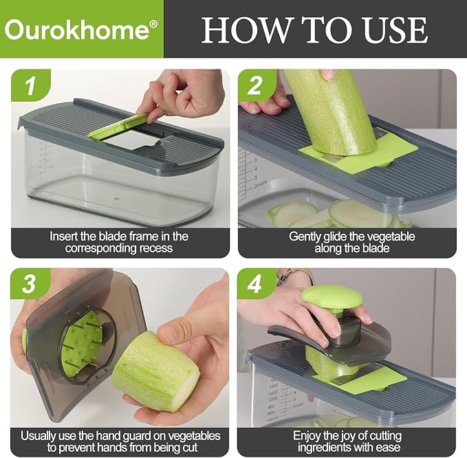Ourokhome Mandolin Vegetable Slicer, 6 in 1 Multifunctional Veggie Slicer Shredder with Container, Vegetable Chopper Onion Cutter with Container, Multifunctional Food Chopper Veggie Dicer with 2 Blade