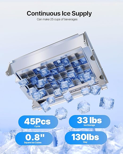VEVOR Commercial Ice Maker Machine, 130Lbs/24H with 33Lbs Storage, 45 Cubes per Cycle, Stainless Steel Freestanding & Under Counter Ice Maker with LED Display & Self-Cleaning, for Home Bar Restaurant