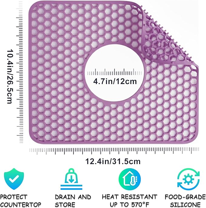 Silicone Sink Protectors for Kitchen - Non-Slip Heat Resistant Grid Mat for Farmhouse Porcelain Stainless Steel, Protects & Cushions Your Sink(Purple 1PCS, 12.4"x10.4" Center Drain)