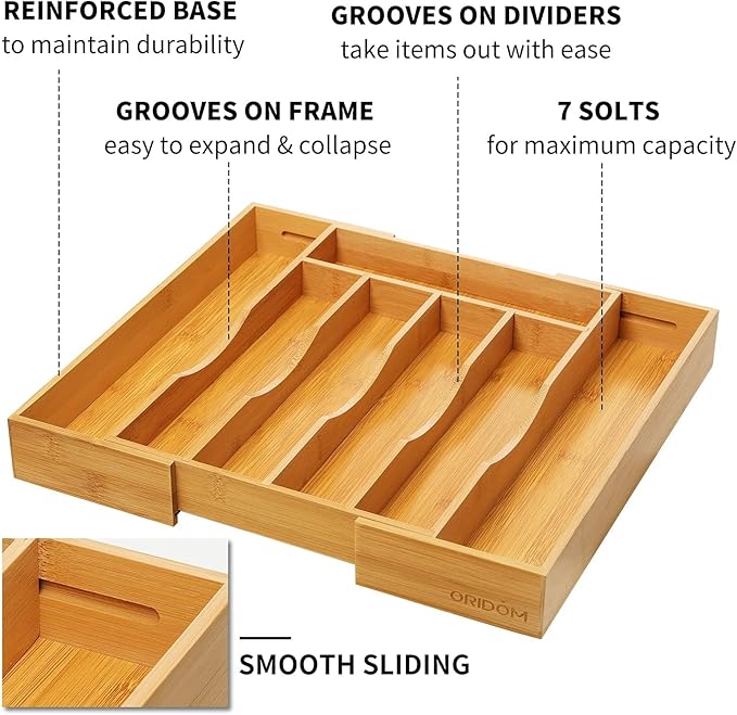 2-Piece Bamboo Silverware Organizer, Expandable Kitchen Drawer Organizer for Cutlery and Utensils, Multifunction Adjustable Bamboo Wood Cutlery Tray in Drawer for Flatware, (Natural)