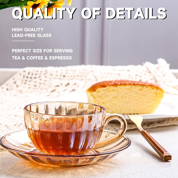 Glass Tea Cups and Saucers Set of 6, Glass Coffee Mugs with Stainless Steel Spoon, Dishwasher & Microwave Safe Teacups for Espresso Cappuccino Latte Tea Juice, 6OZ/180ML, Amber