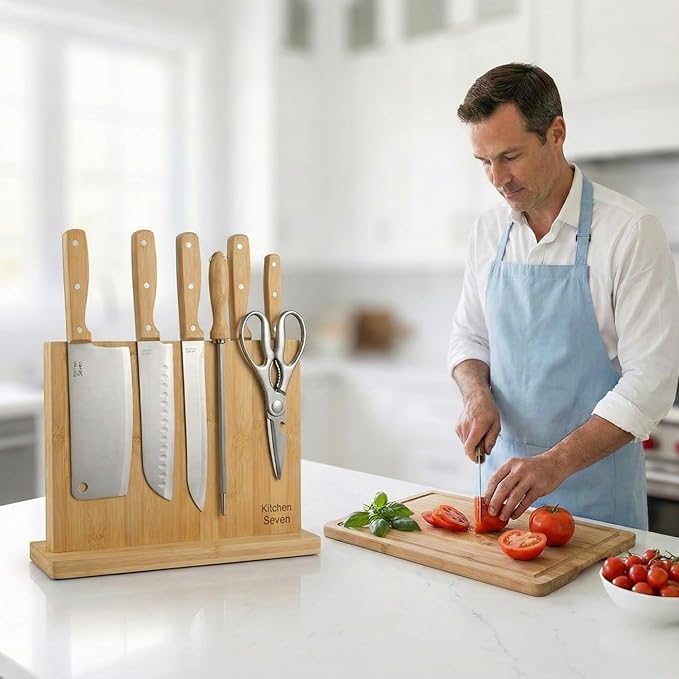 Magnetic Knife Block with 18 COREVA™ Magnetic Plates – Double Sided Bamboo Knife Holder, Engineered Full-Surface Magnetic System for All Knives & Scissors, Countertop Storage Organizer