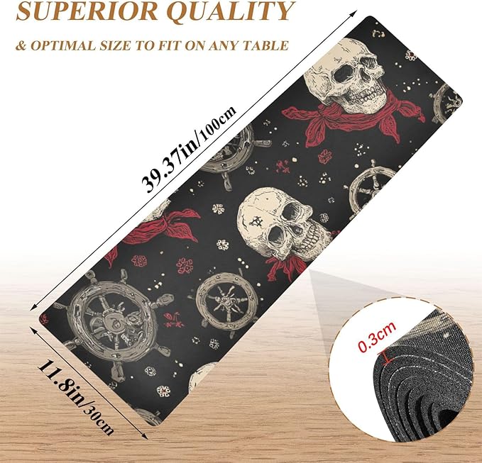 2 in 1 Table Runner Trivet for Hot Pots and Pans Heat Resistant Non Slip Waterproof 39 x 12 Inch Decorative Table Protector for Kitchen Countertop Pirate Skulls Rudders