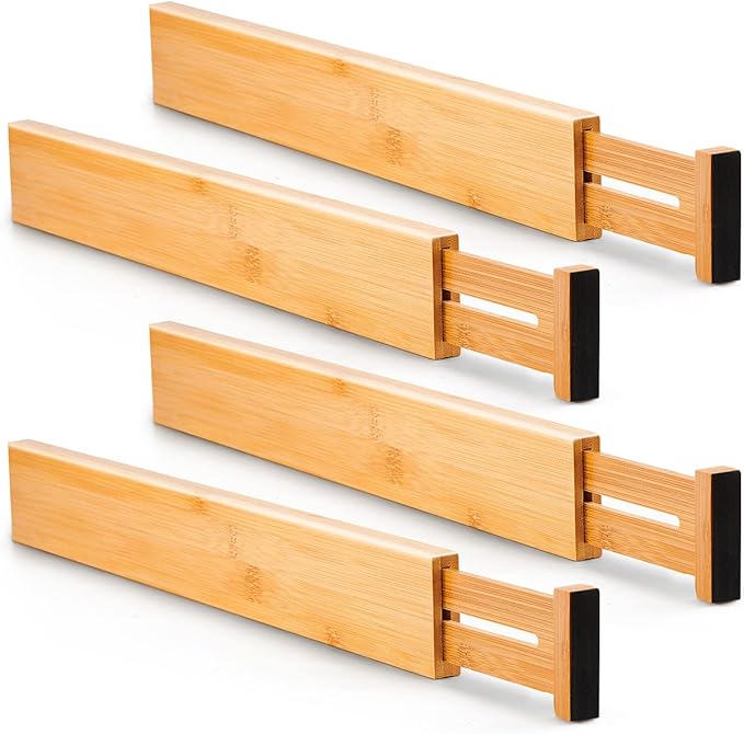Utoplike 4 pcs Bamboo Kitchen Drawer Dividers 16.8-21.8IN and Bamboo Expandable Kitchen Drawer Organizer, Adjustable Utensil Holder Set