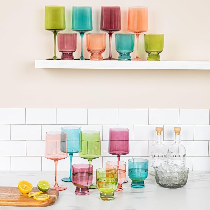 Creative Co-Op Hand Blown Stemmed Wine Glasses, 14 Ounces, 4 Assorted Colors Glassware, Multi (Pack of 6)