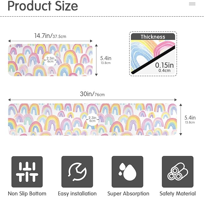 Kitchen Sink Splash Guard 2 PCS 14.7 Inch Sink Faucet Mat Splash Guard for Bathroom Countertop Water Absorbent Foldable Cuttable Soft Washable Gradient Cute Rainbows