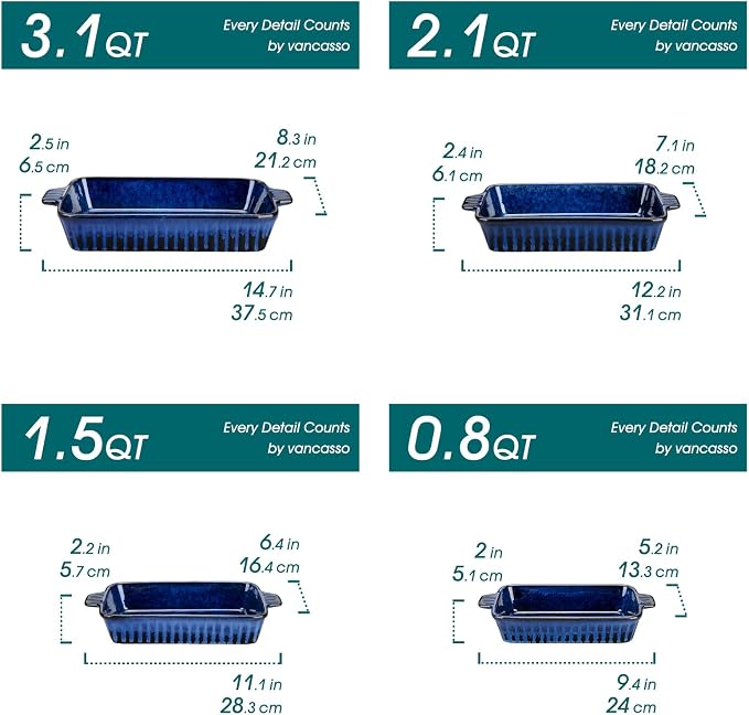 vancasso Ceramic Casserole Dishes for Oven, Reactive Glaze Bakeware Set of 4, Deep Rectangular Baking Dishes with Handles, Lasagna Pan Set, Microwave & Dishwasher Safe, Blue (9.4"/11.1"/12.2"/14.7")