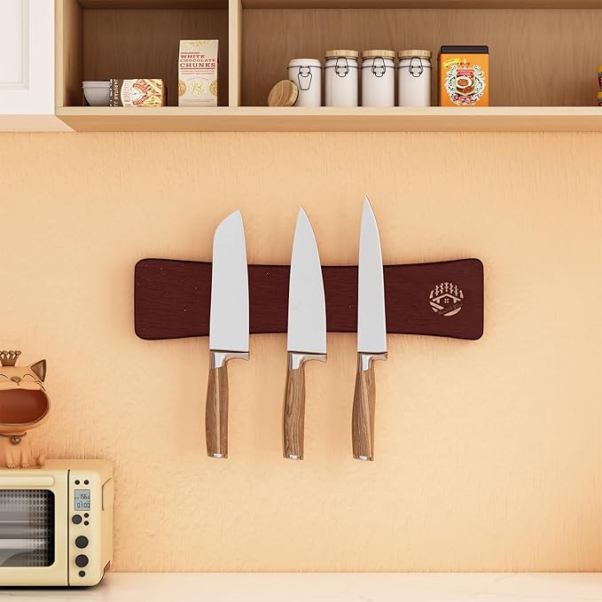 Magnetic Knife Holder for Wall 10 Inch, Premium Oak Wood Magnetic Knife Strip with N52 Super Strong Magnets, No Drilling Wooden Knife Rack Bar for Kitchen Knives & Tools-Renter Friendly