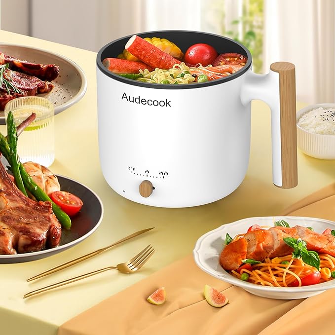 Audecook Hot Pot Electric with Steamer, 1.8L Portable Mini Travel Cooker, Multifunctional Non-Stick Electric Skillet for Stir Fry/Stew/Steam, Perfect for Ramen Noodles/Pasta/Egg/Soup/Oatmeal (White)