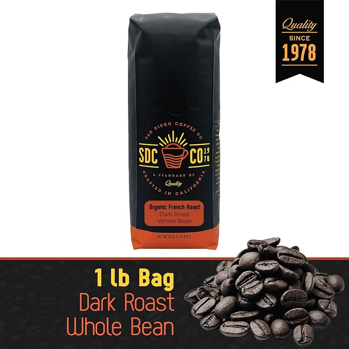 San Diego Coffee Organic French Roast, Dark Roast, Whole Bean Coffee, 16-Ounce Bag Café en grano tostado
