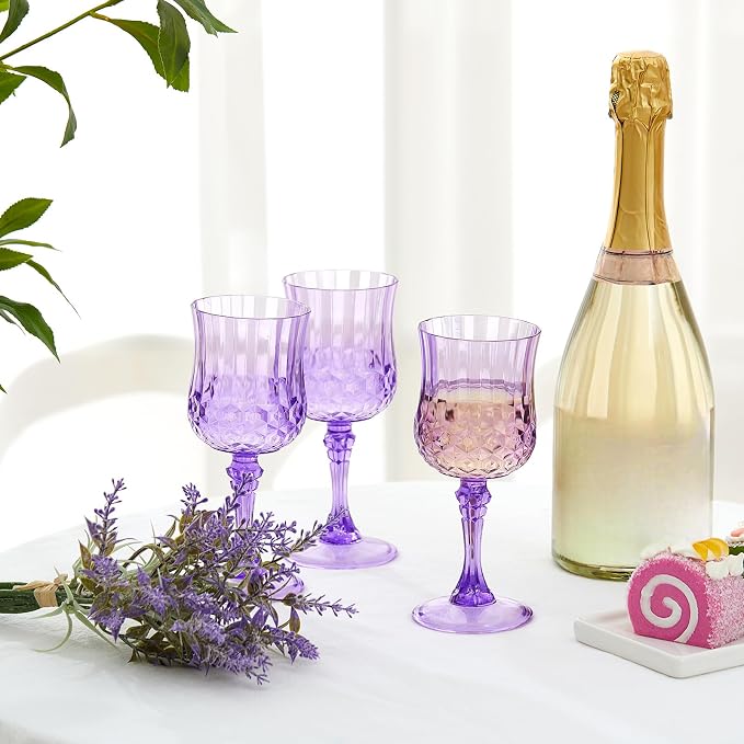 Pinkunn 12 Pcs 7 oz Plastic Vintage Wine Glasses Reusable Colored Goblets Patterned Drinking Water Glasses Cup Dishwasher Safe for Mother's Day Wedding Reception Party Supplies (Purple)