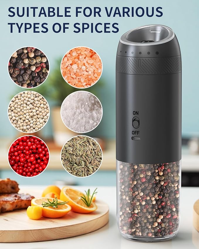 CIRCLE JOY Gravity Electric Salt and Pepper Grinder Set Rechargeable Automatic Pepper Mills with External Adjustable Coarseness, 176ml Large Capacity, Bright LED Light