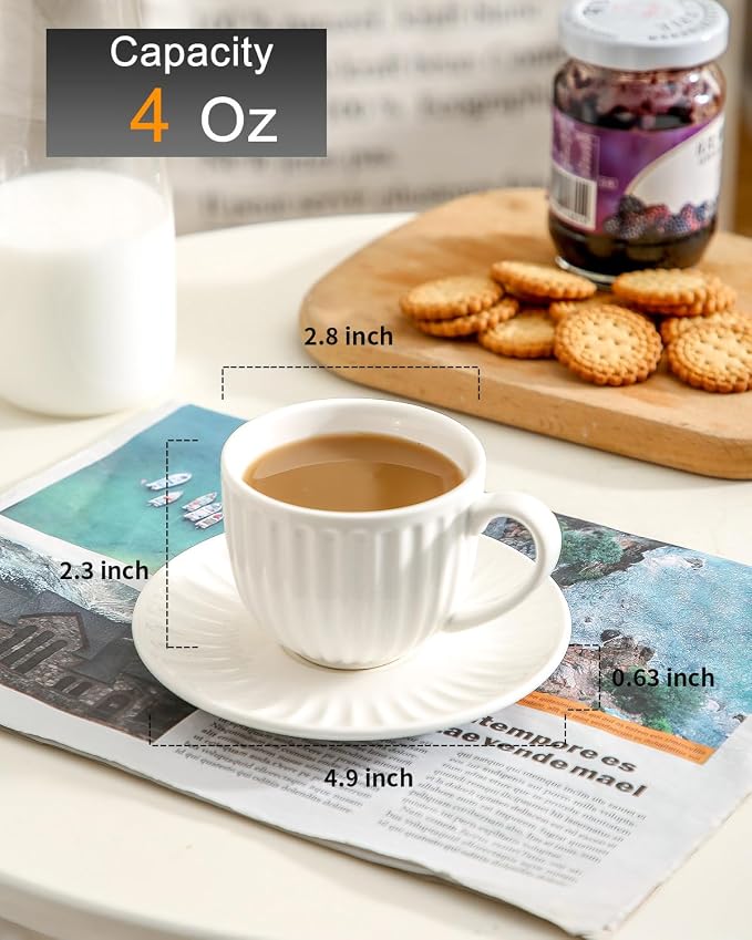 Hasense 4 Oz Espresso Cups with Saucers Set of 4, Ribbed Cappuccino Cups Ceramic for Coffee,Espresso,Double shot,Latte and Macchiato, Demitasse Cups Set Aesthetic Gift, White