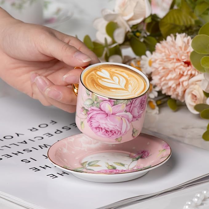 KAMMAK Tea Cups and Saucers Set of 2, Porcelain Coffee Cups, Stackable Espresso Mugs, Ceramic Demitasse for Coffee, Cappuccino, Latte, Americano, Tea, White Rose + Beauty Rose