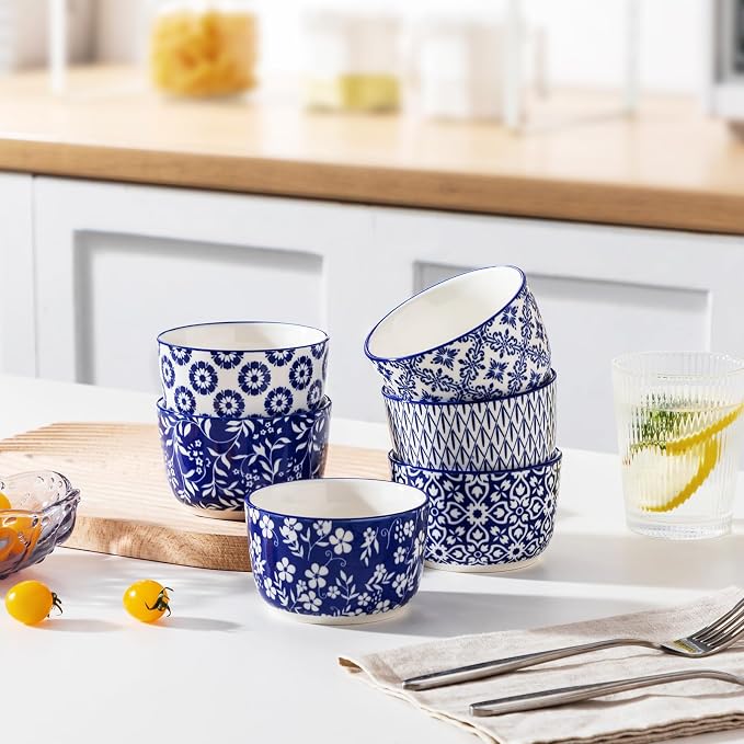 vancasso Selene 8 oz Ceramic Ramekins Set of 6, Large Capacity Oven-Safe Baking Cups for Soufflés, Snack Serving, Desserts, Blue and White Serving Bowls