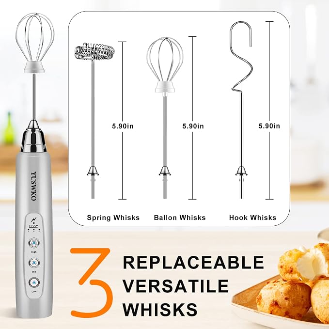 YUSWKO Silver Handheld Milk Frother Wand for Coffee, Rechargeable Electric Whisk with 3 Heads 3 Speeds Drink Mixer Coffee Frother For Latte, Cappuccino, Hot Chocolate, Egg