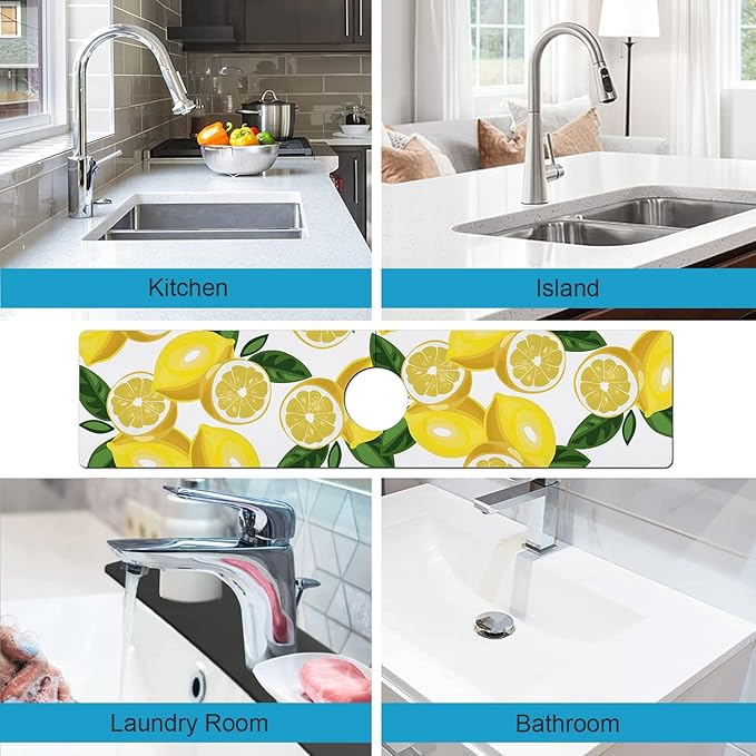 Kitchen Sink Splash Guard Faucet Mat Super Absorbent Fast Drying Mat Sink Gadgets Splash Guard Behind Faucet Drip Catcher for Kitchen (Lemon-1, 23.5x5.5in)