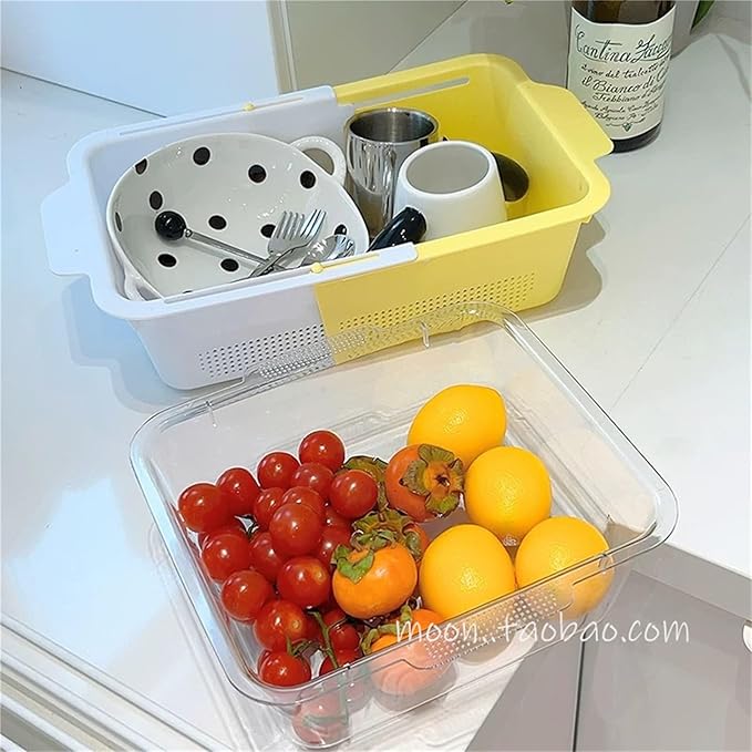Plastic Dish Drying Rack for Kitchen Counter, Anti-Slip Dish Drainer Over the Sink, Extendable Dish Rack Cutlery Holder(Yellow)