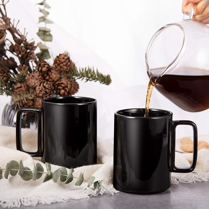 E-liu Porcelain Tea Mugs Coffee Mug Set, Large 15 Ounces Cups for Coffee, Tea, Cocoa, and Mulled Drinks, Set of 6, Black