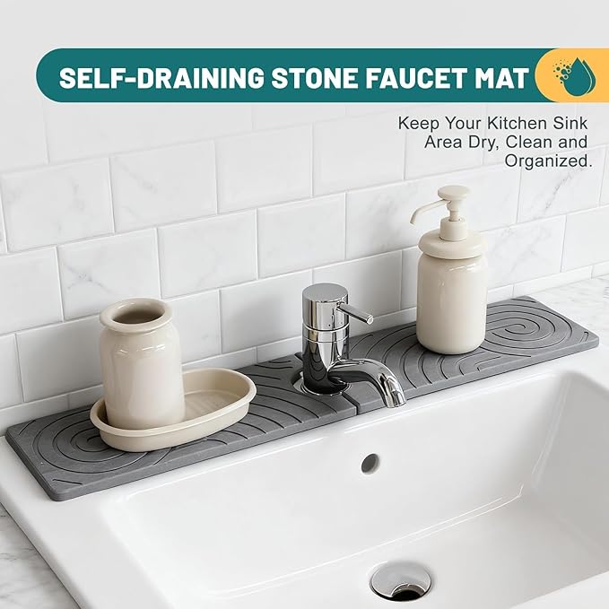 Hopegiver Stone Faucet Mat for Kitchen Sink - Fast Drying Diatomite Sink Protector Prevent Moisture, Super Water Absorbing Stone Tray for Kitchen & Bathroom Counter (Gray Line, 23.6"x5.1")