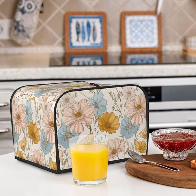 4 Slice Toaster Cover for Kitchen Vintage Flower Botanical Waterproof and Dustproof Toaster Dust Cover with Side Pockets Decorative Universal Cover for Wide Slot Toasters and Small Appliances