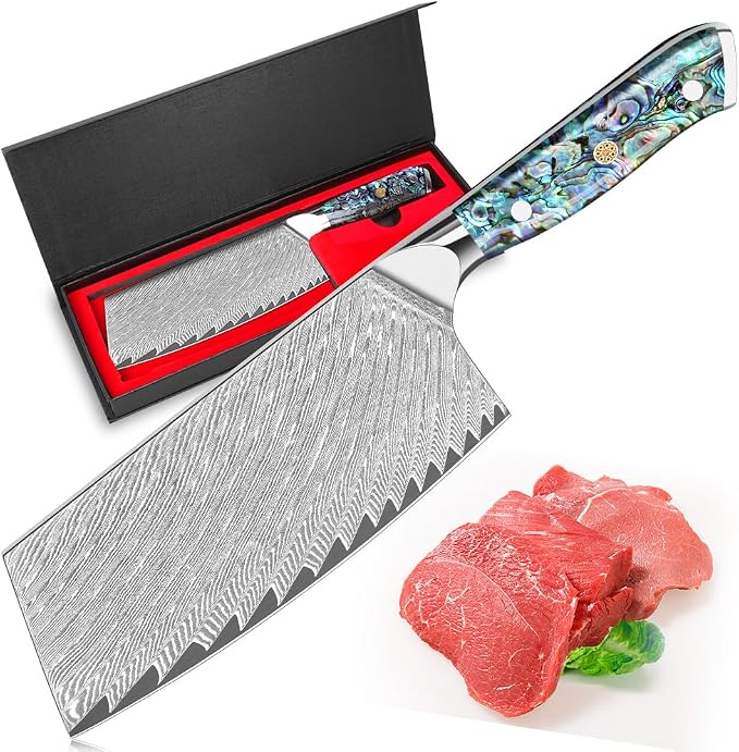 KEENZO Meat Cleaver Knife 7 inch, Razor Sharp Professional Chef Knife, Hand Forged Kitchen Knives, Japanese 67-Layers Damascus Steel Cooking Knife, Ergonomic Abalone Shell Resin Handle,Gift Box
