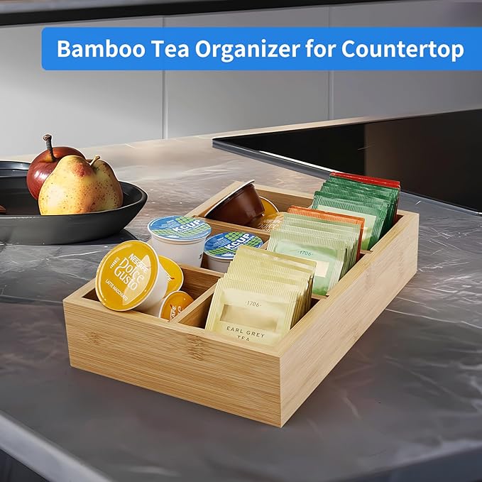 Wood Tea Bag Organizer with 6 Slots – Tea Bag Holder and Tea Organizer, Sugar Packet Storage for Countertops，Small Tea Packet Storage Box for Drawer, Removable Dividers,10 x 6.5 x 2.2inch