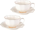 KAMMAK Tea Cups and Saucers Set of 2, Porcelain Coffee Cups with Saucers, Ceramic Espresso Mugs for Coffee, Latte, Americano, Tea, 7oz Elegant Teacup and Saucer (YFH4)