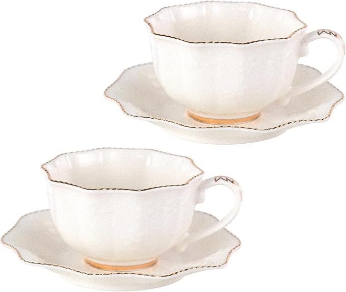 KAMMAK Tea Cups and Saucers Set of 2, Porcelain Coffee Cups with Saucers, Ceramic Espresso Mugs for Coffee, Latte, Americano, Tea, 7oz Elegant Teacup and Saucer (YFH4)