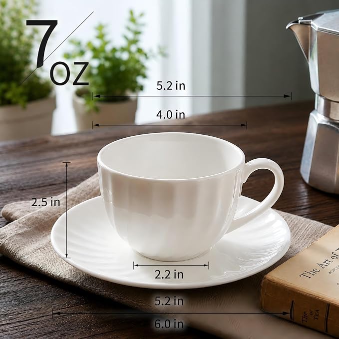 Fine Bone China Cappuccino Cups with Saucers Set of 2, 7 Oz Lightweight Coffee Tea Cups, Spiral Pattern Espresso Cups for Latte, Mocha, Macchiato, Afternoon Tea Gift
