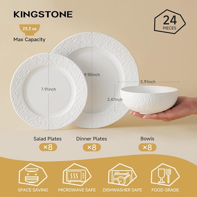 KINGSTONE Dinnerware Sets, 24-Piece Matte Marble Pattern Premium Porcelain dishes set, Plates and Bowls Sets for 8, Place Setting with Dinner Plate, Salad Plate, Pasta Bowl (White)